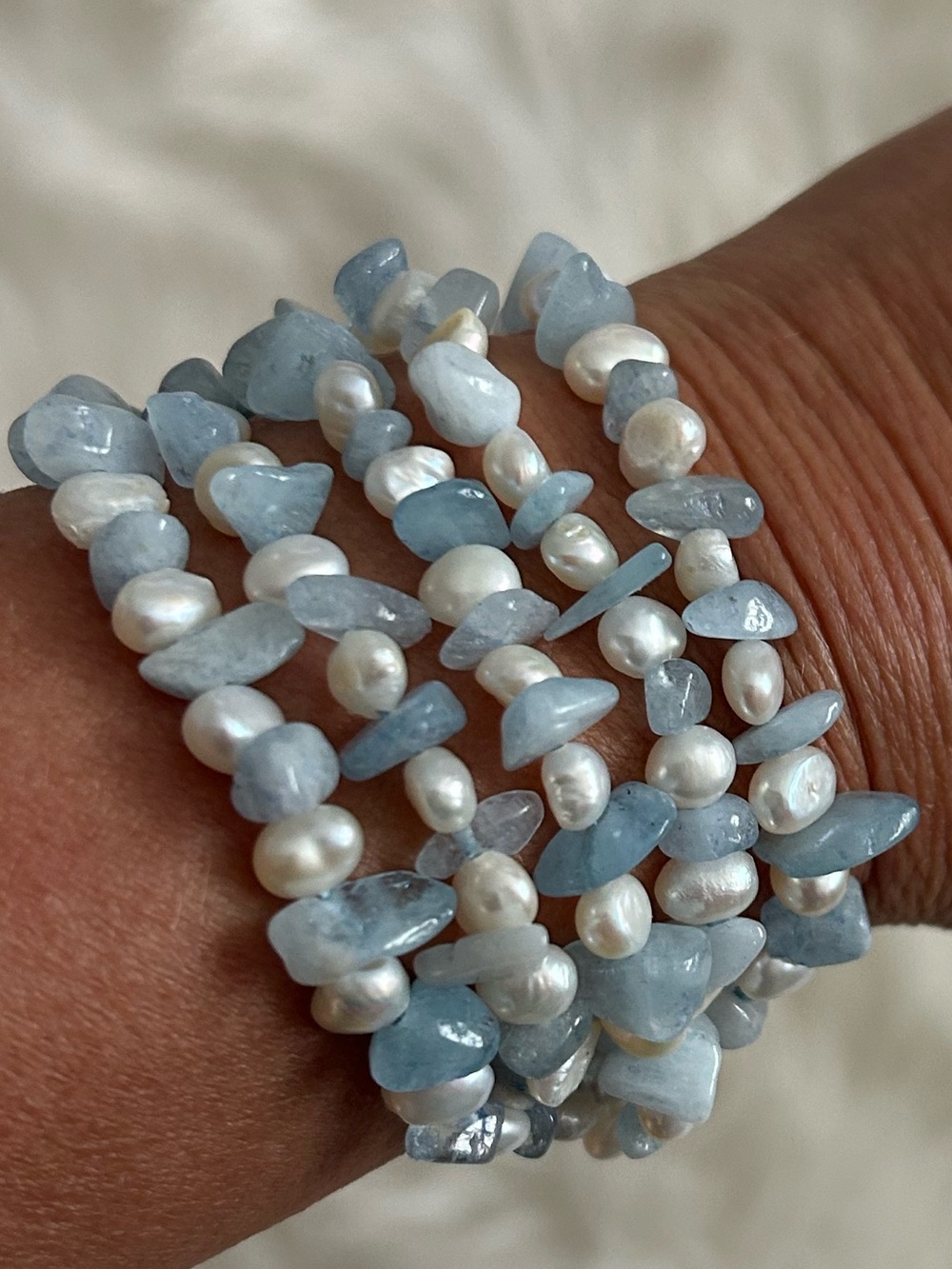 Aquamarine Bead and freshwater pearl Bracelet Stack with silver sterling closure